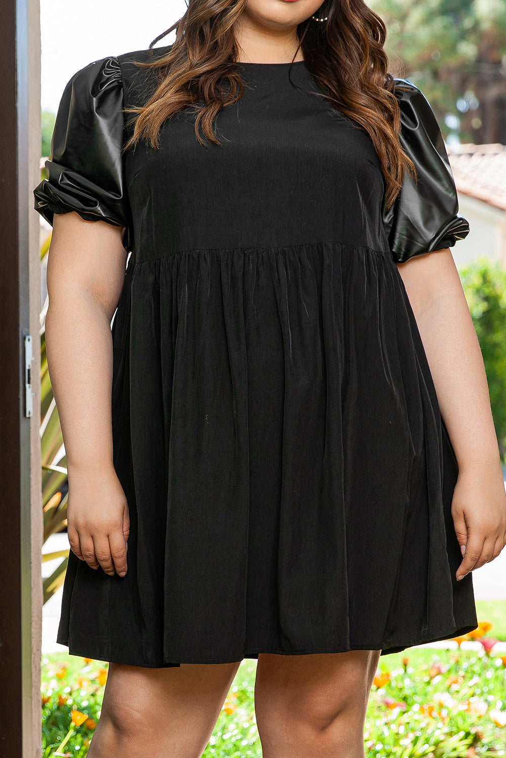 Black Plus Size Half Puff Sleeve Swing Dress