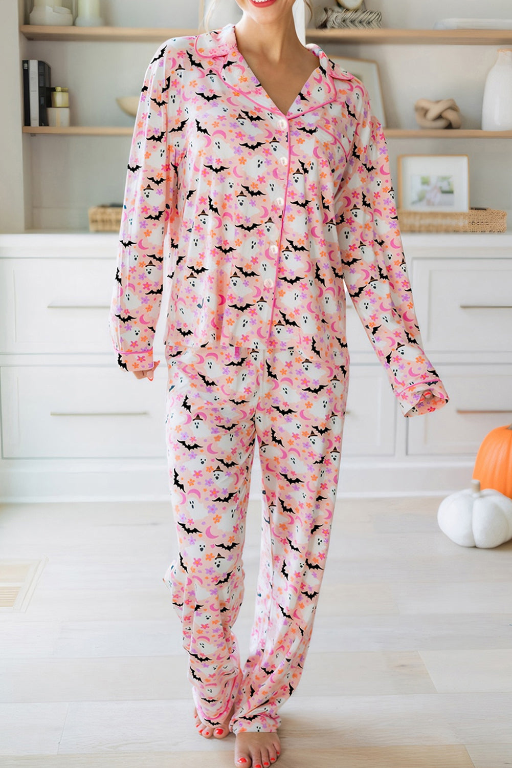 Pink Halloween Eve Haunted Honey Bat Print Pajama Set