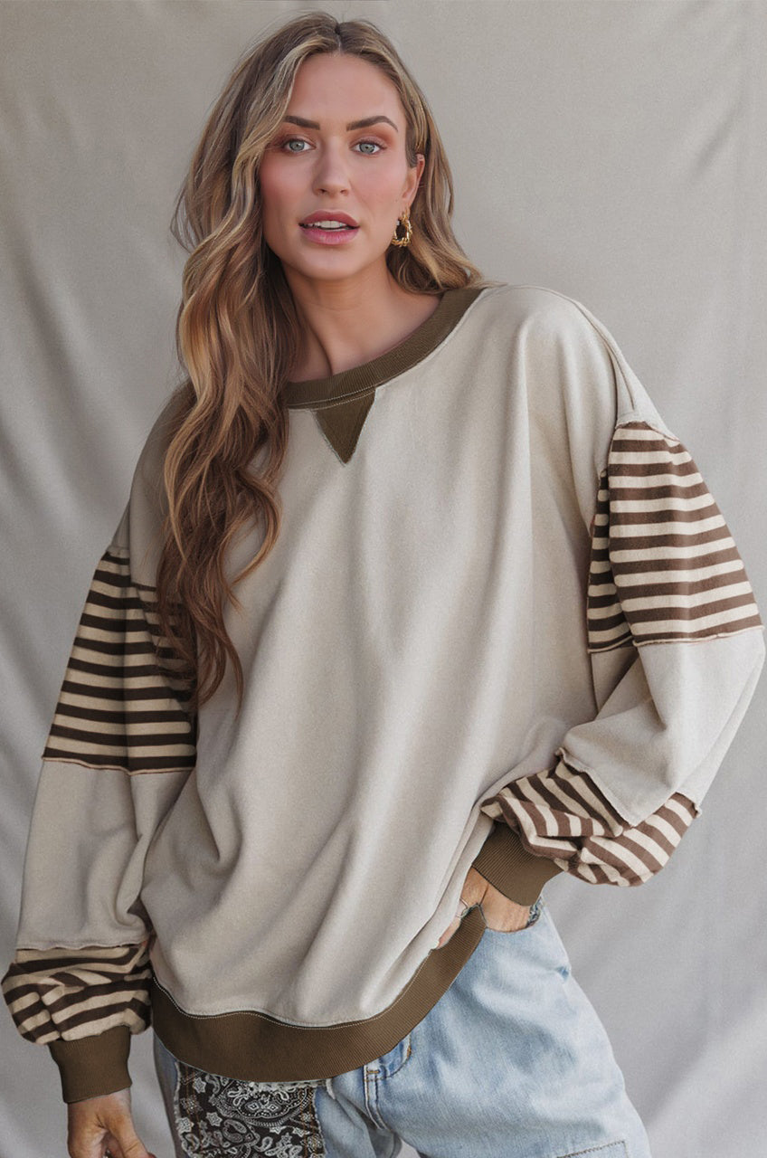 Parchment Striped Colorblock Patchwork Drop Shoulder Sweatshirt