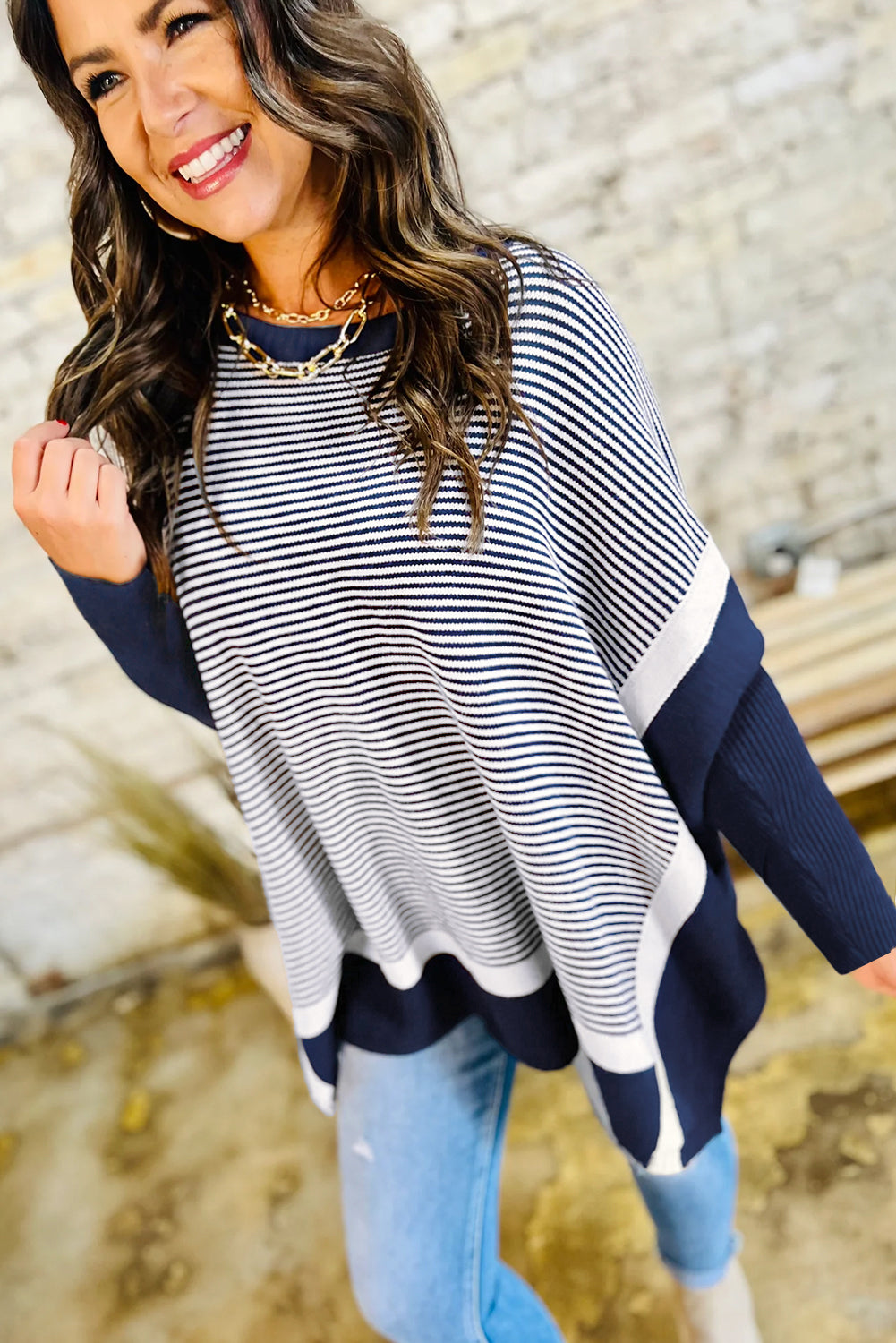 Blue Stripe Color Block Patchwork Dolman Oversize Tunic Sweater
