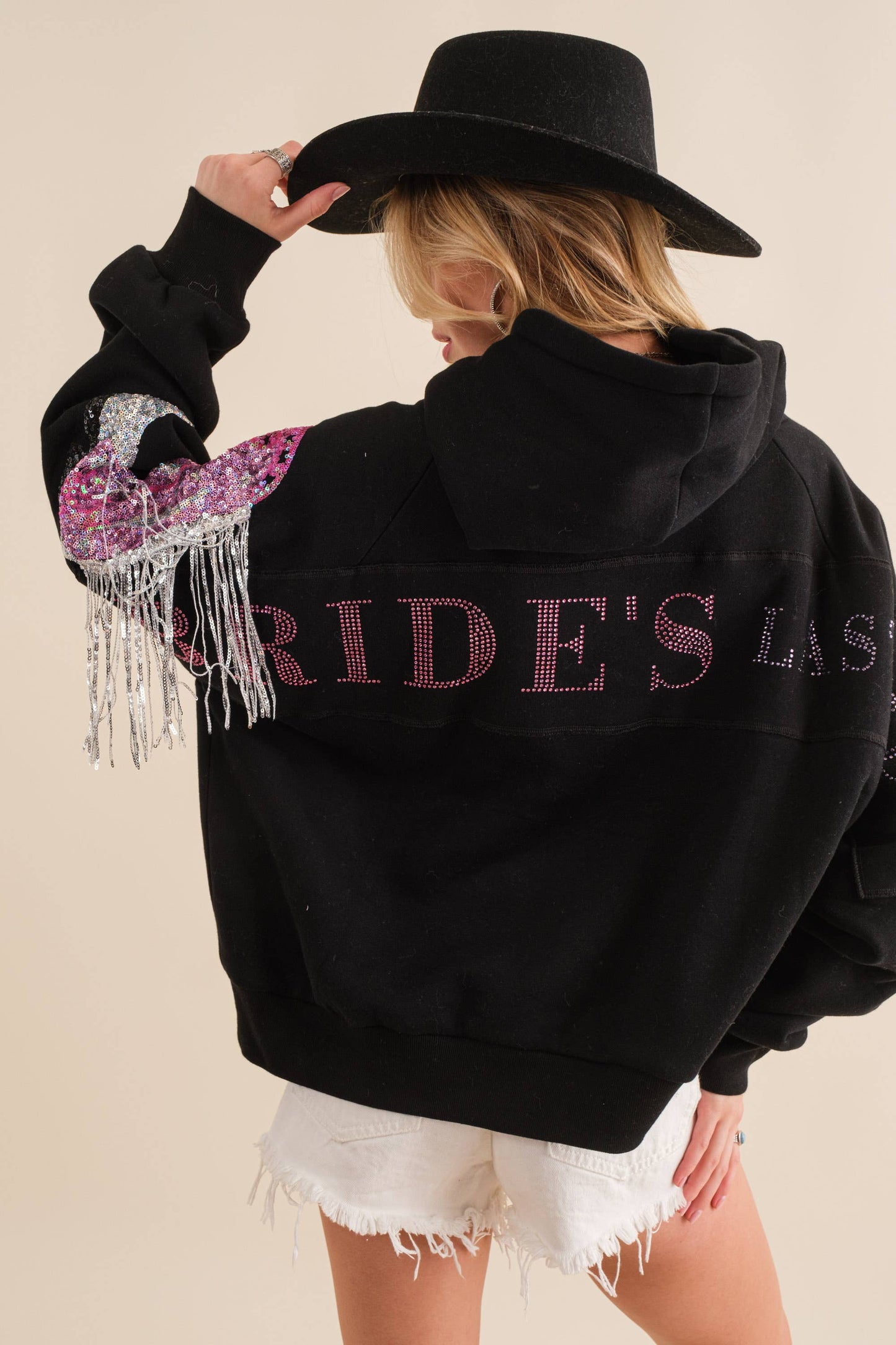 22676J - Fleece Terry Sequin Cowgirl Boots Hoodie: S / OFF WHITE