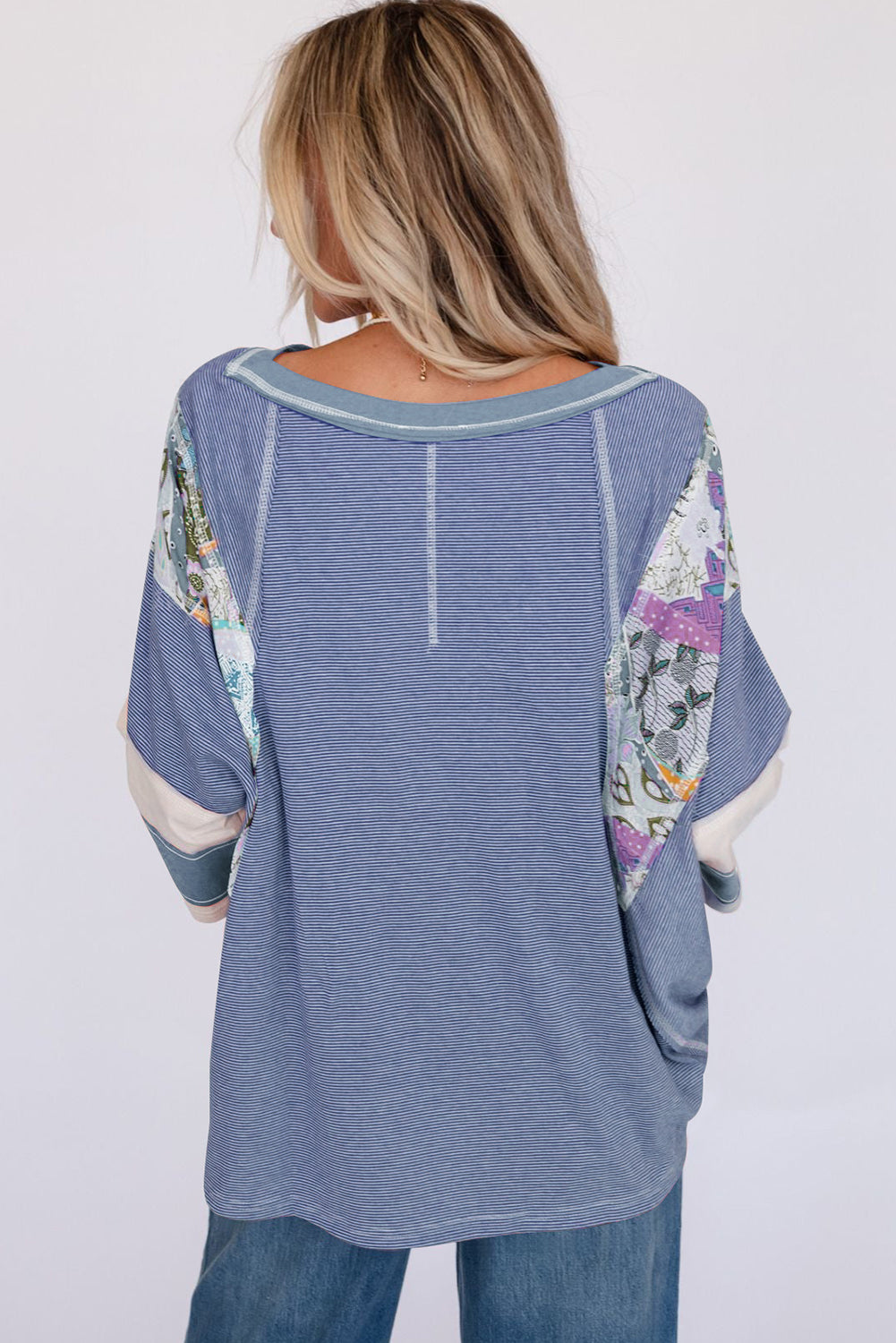 Sky Blue Printed Pinstriped Color Block Patchwork Oversized Top