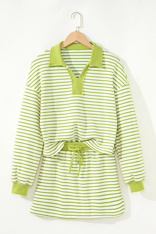 Green Stripe Collared V Neck Drop Shoulder Pullover and Skort 2pcs Outfit