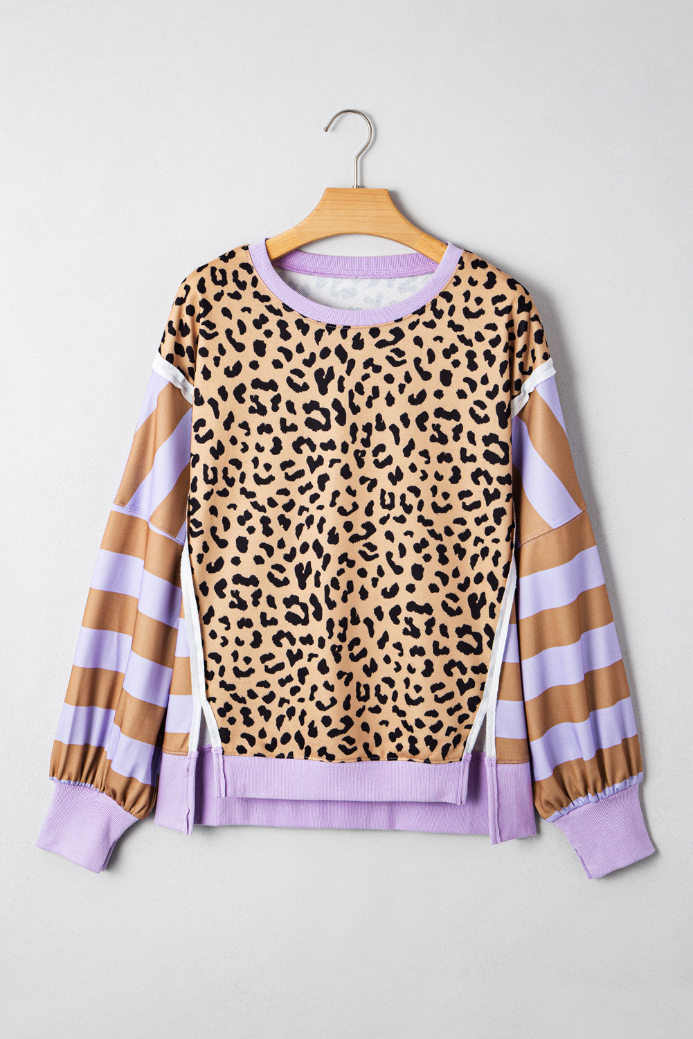 Purple Stripe Color Block Patchwork Leopard Casual Sweatshirt with Slits