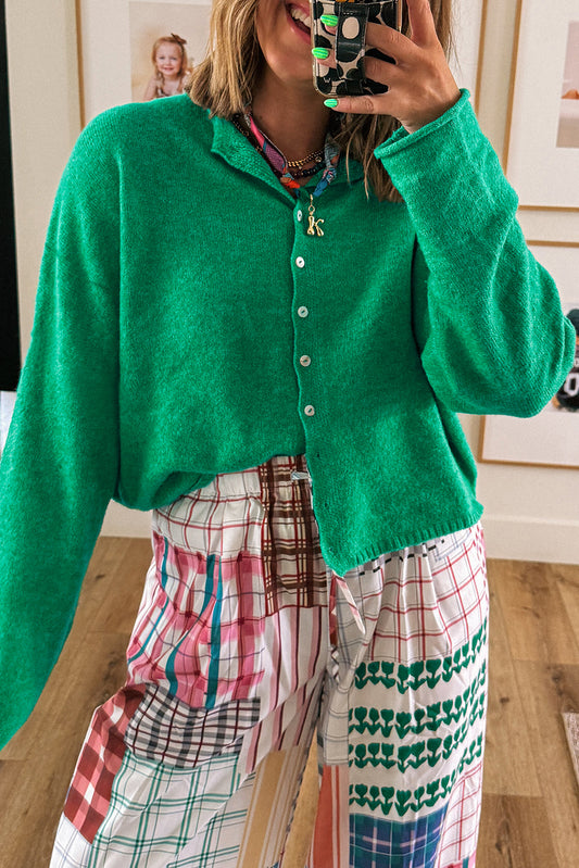 Bright Green Solid Color Knit Button Drop Shoulder Sweater Cardigan
