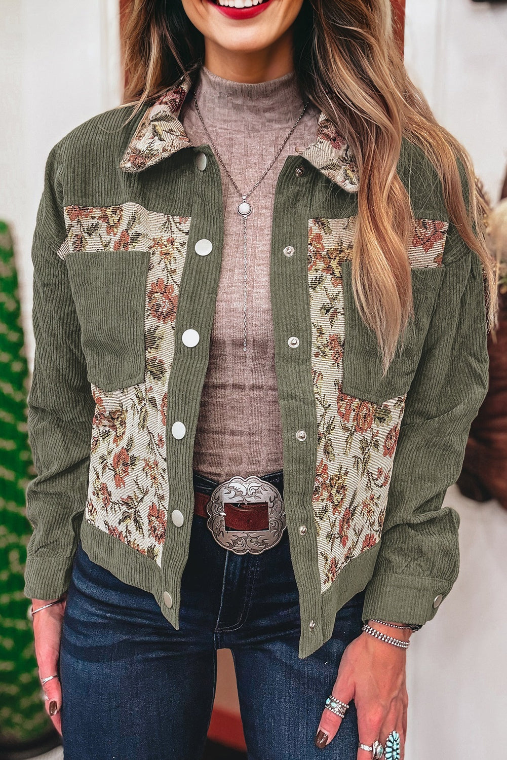 Sage Green Ribbed Retro Floral Patchwork Shirt Style Jacket