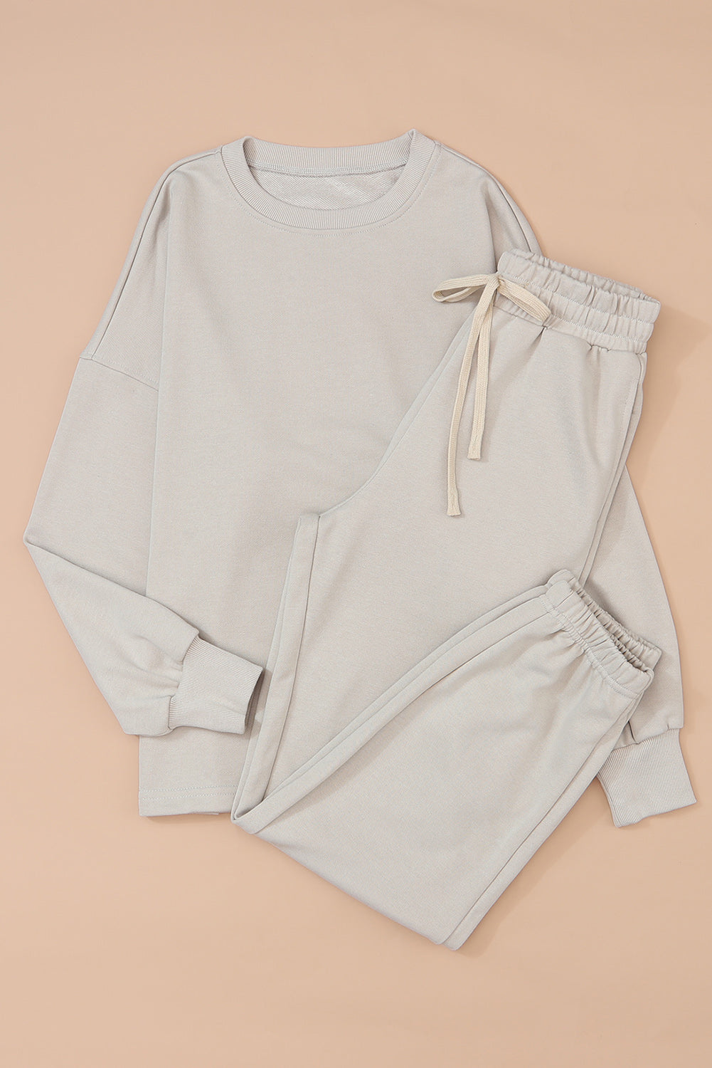 Beige Long Sleeve Top and Drawstring Pants Lounge Outfit