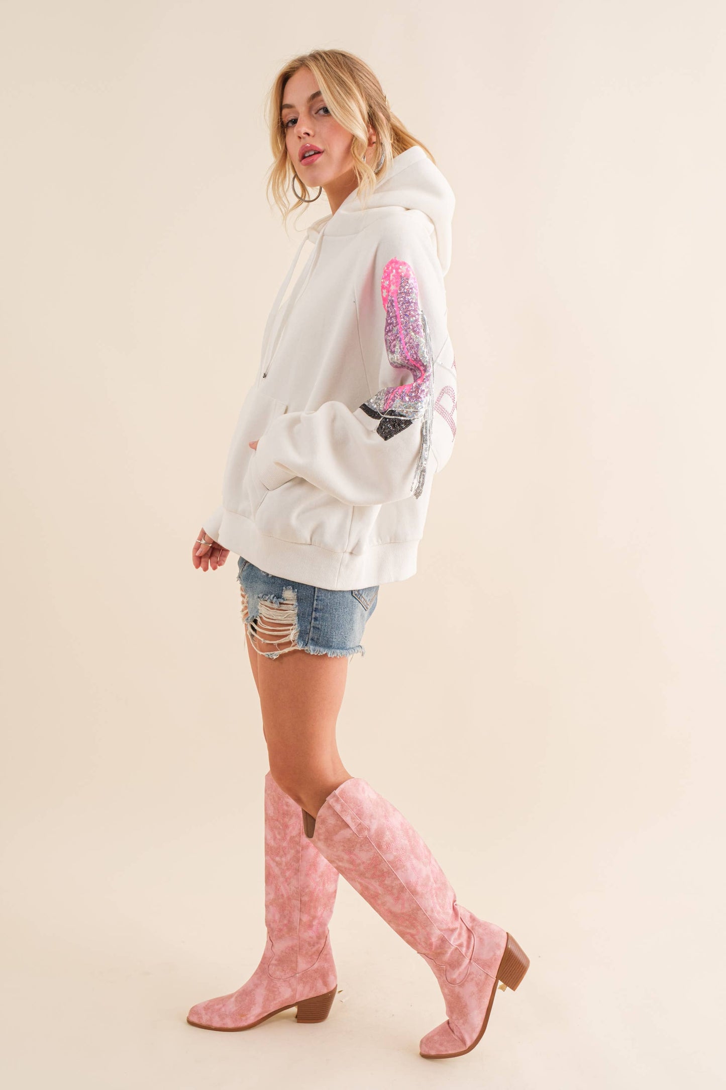 22676J - Fleece Terry Sequin Cowgirl Boots Hoodie: S / OFF WHITE