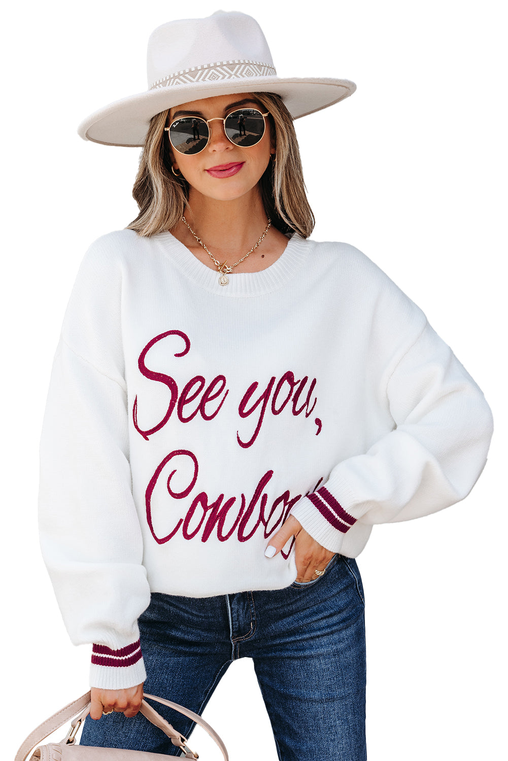 White See You Cowboy Embroidered Western Graphic Sweater