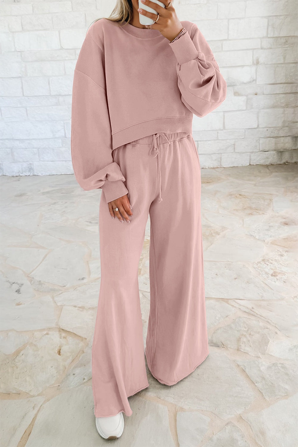 Light Pink Drop Shoulder Puff Sleeve Crop Pullover Drawstring Wide Leg Pants Set