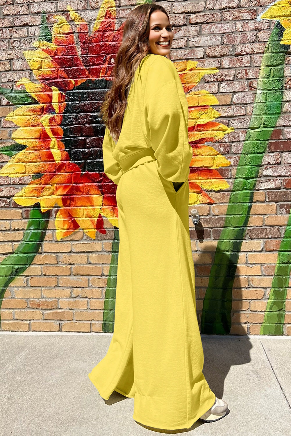 Yellow Cream Drop Shoulder Puff Sleeve Crop Pullover Drawstring Wide Leg Pants Set