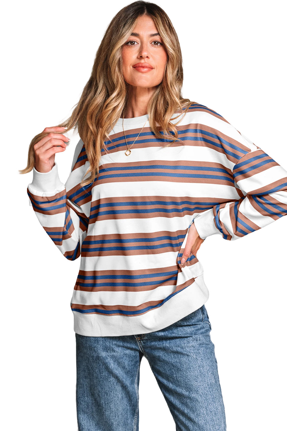 Brown Stripe Crew Neck Drop Shoulder Pullover Sweatshirt
