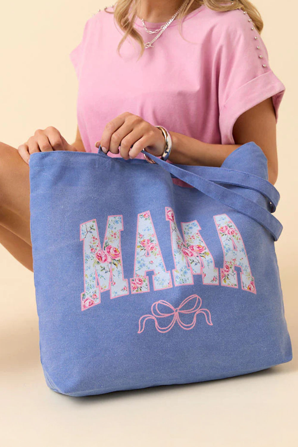 Blue Floral MAMA Letter Bow Print Canvas Tote Bag