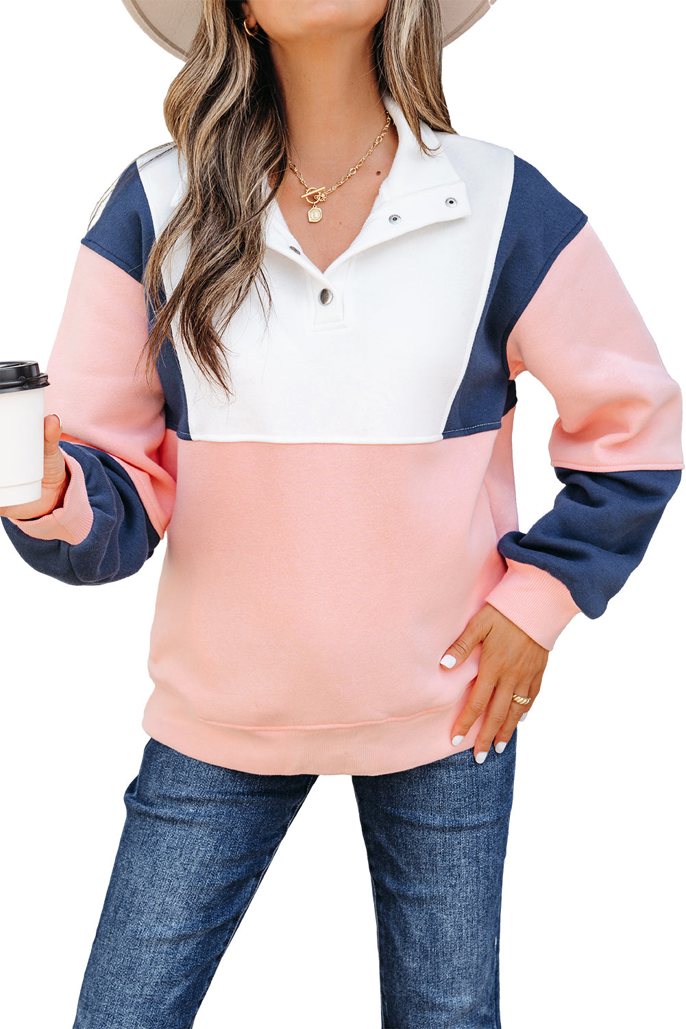 Pink Colorblock Patchwork Half Button Baggy Sweatshirt