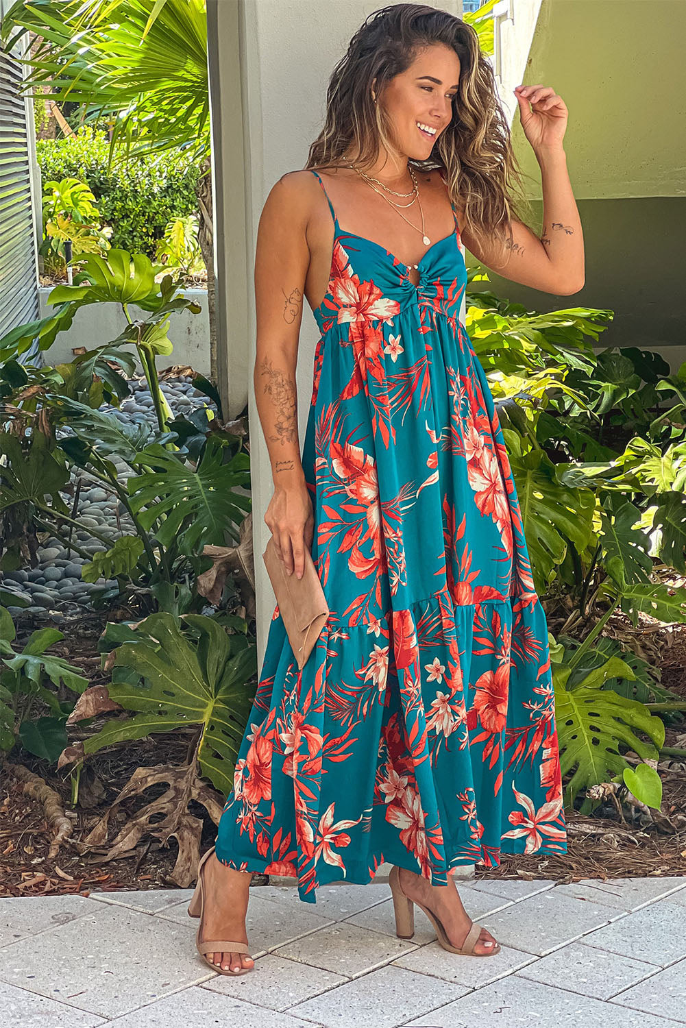 Sky Blue Strappy Open Back Floral Maxi Dress