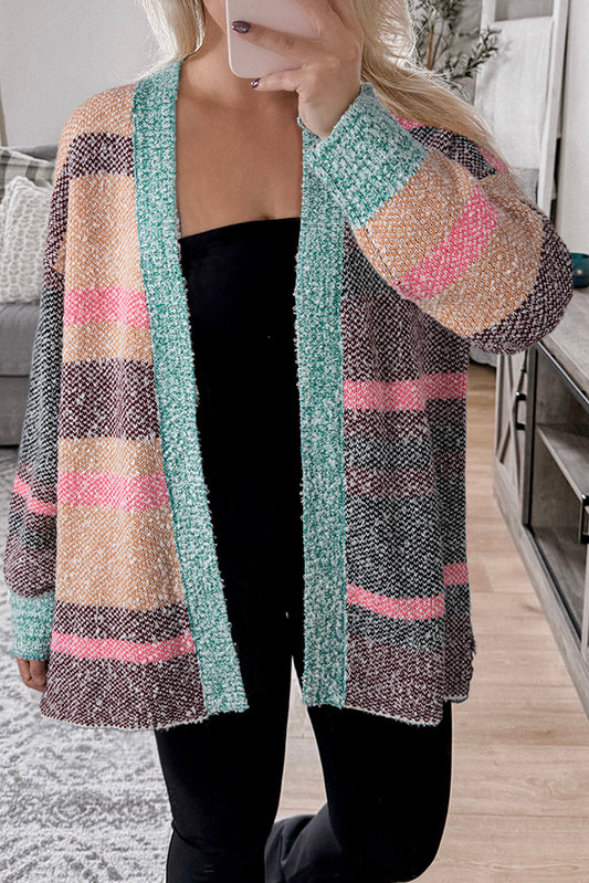 Multicolour Color Block Striped Side Slit Open Front Cardigan