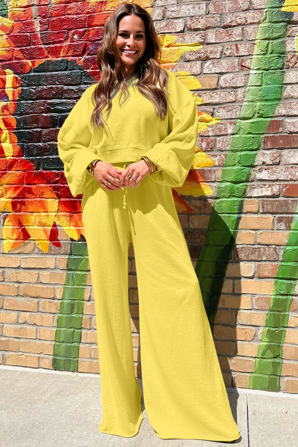 Yellow Cream Drop Shoulder Puff Sleeve Crop Pullover Drawstring Wide Leg Pants Set