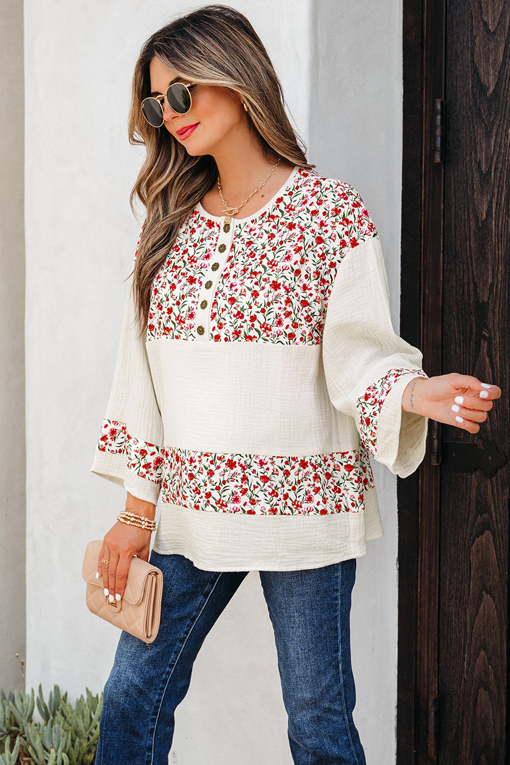Red Floral Print Gauze Patchwork Henley Button 3/4 Sleeve Blouse