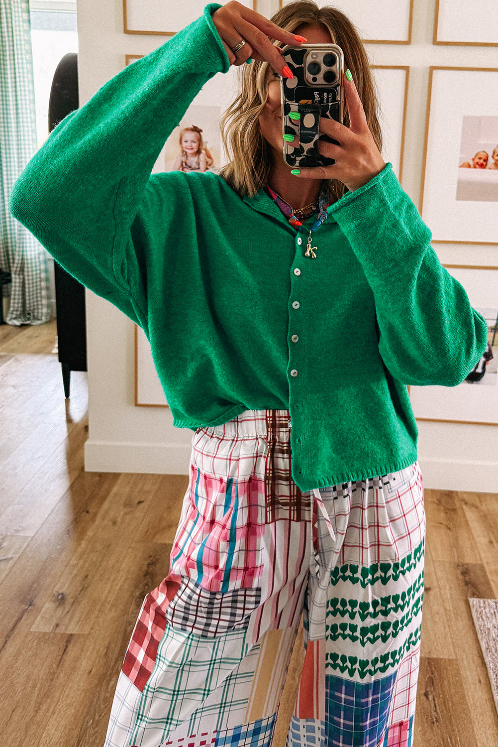 Bright Green Solid Color Knit Button Drop Shoulder Sweater Cardigan