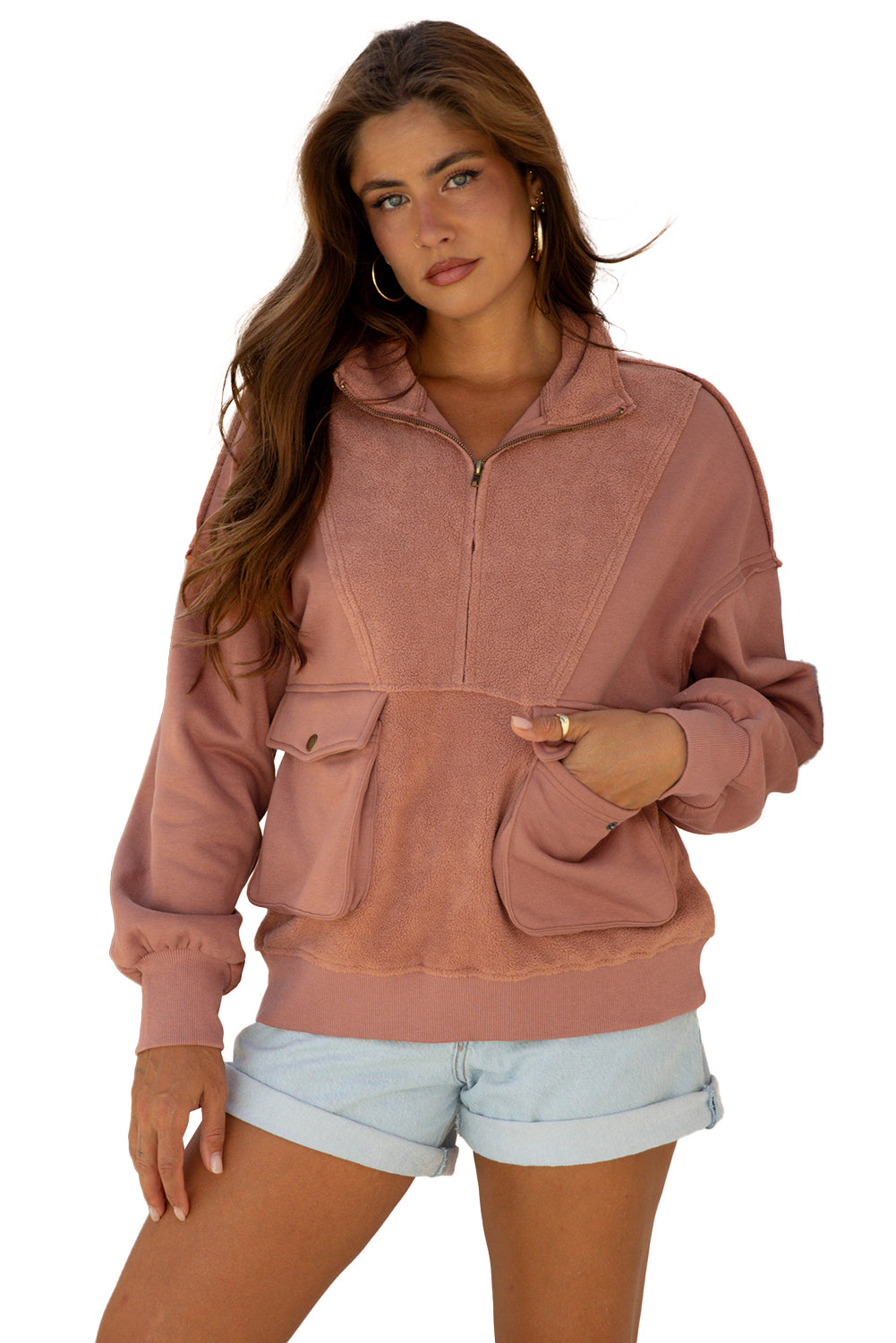 Camel Exposed Seam Side Pockets Half Zipper Baggy Sweatshirt