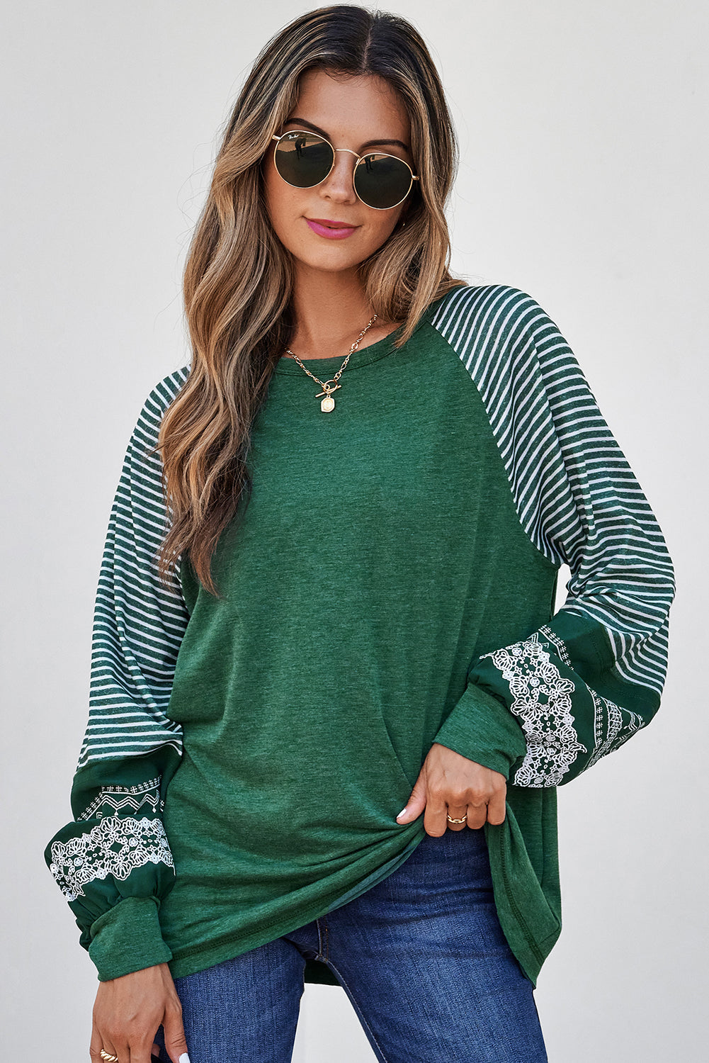 Blackish Green Contrast Print Striped Raglan Long Sleeve Loose Top