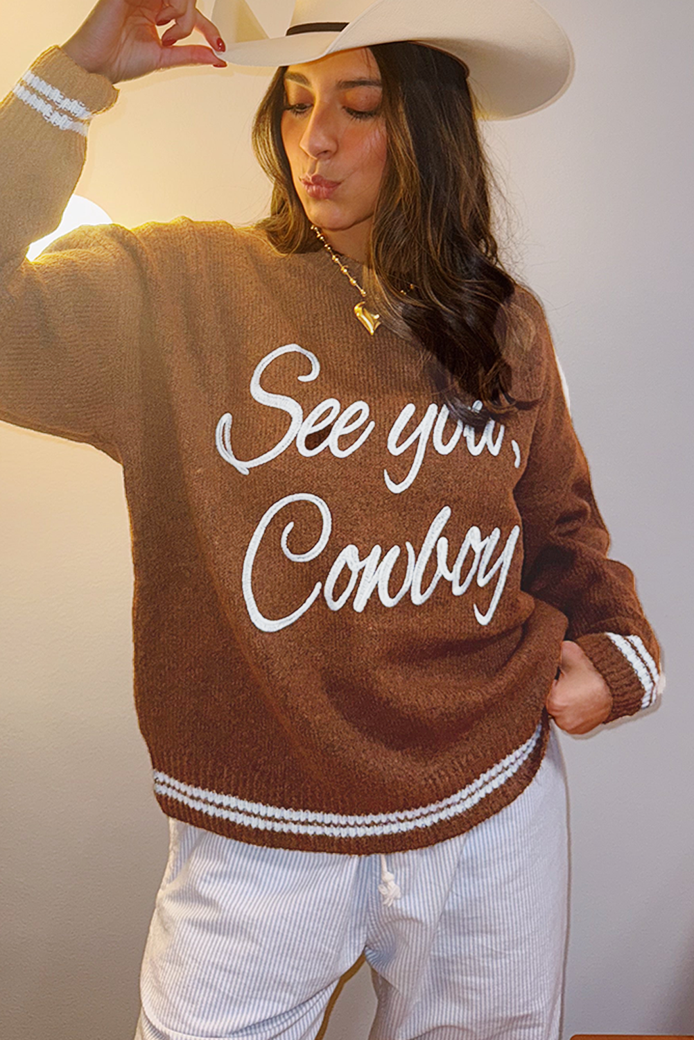 Coffee See You Cowboy Embroidered Western Graphic Sweater