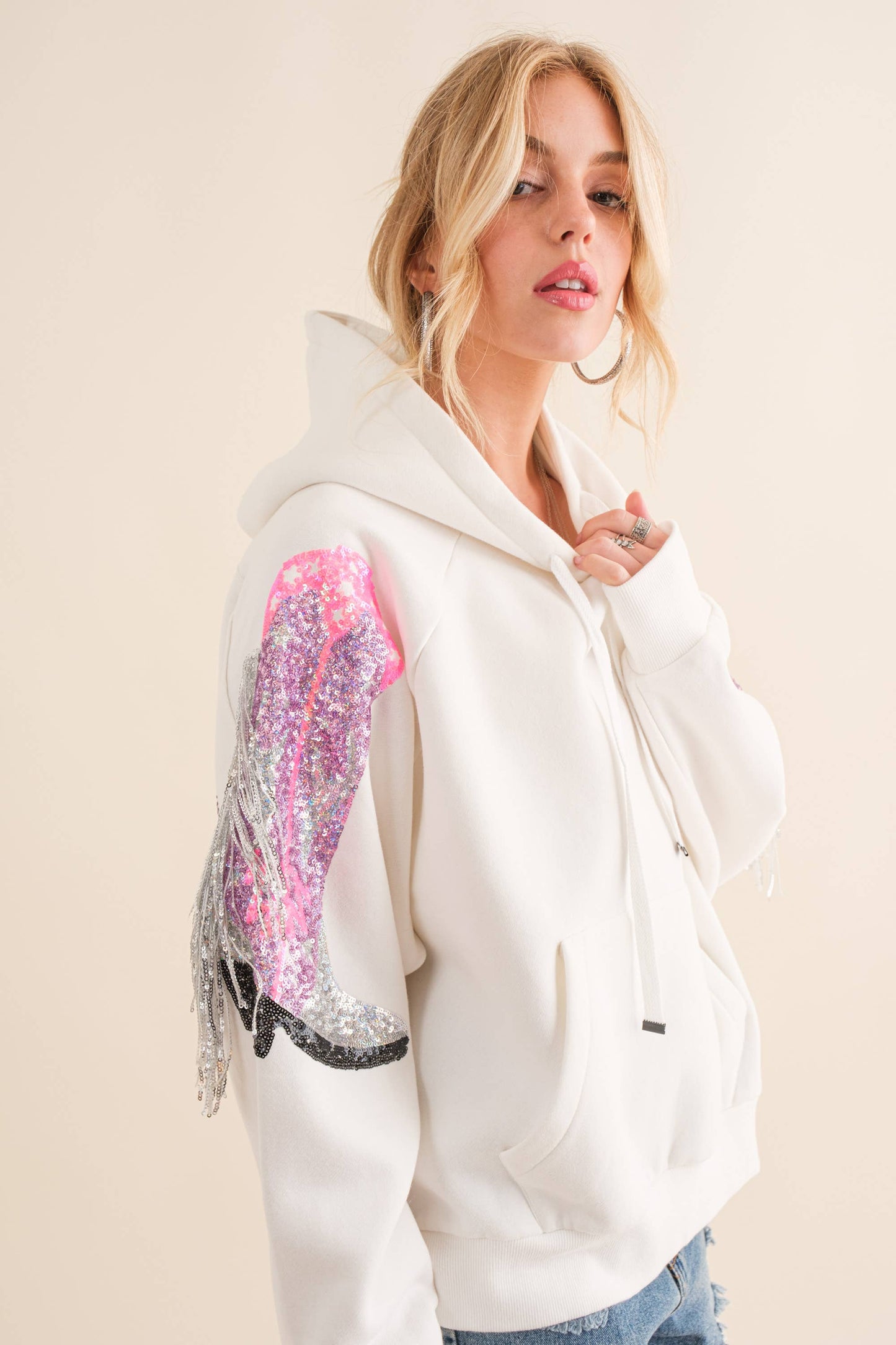 22676J - Fleece Terry Sequin Cowgirl Boots Hoodie: S / OFF WHITE