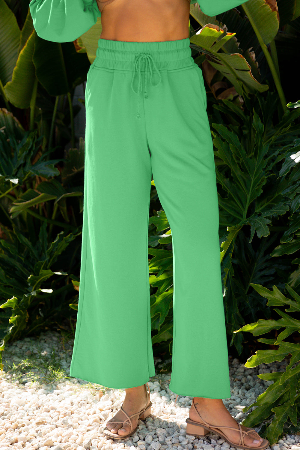 Bright Green Drop Shoulder Puff Sleeve Crop Pullover Drawstring Wide Leg Pants Set