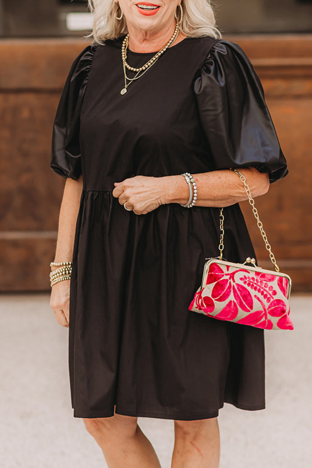 Black Plus Size Half Puff Sleeve Swing Dress