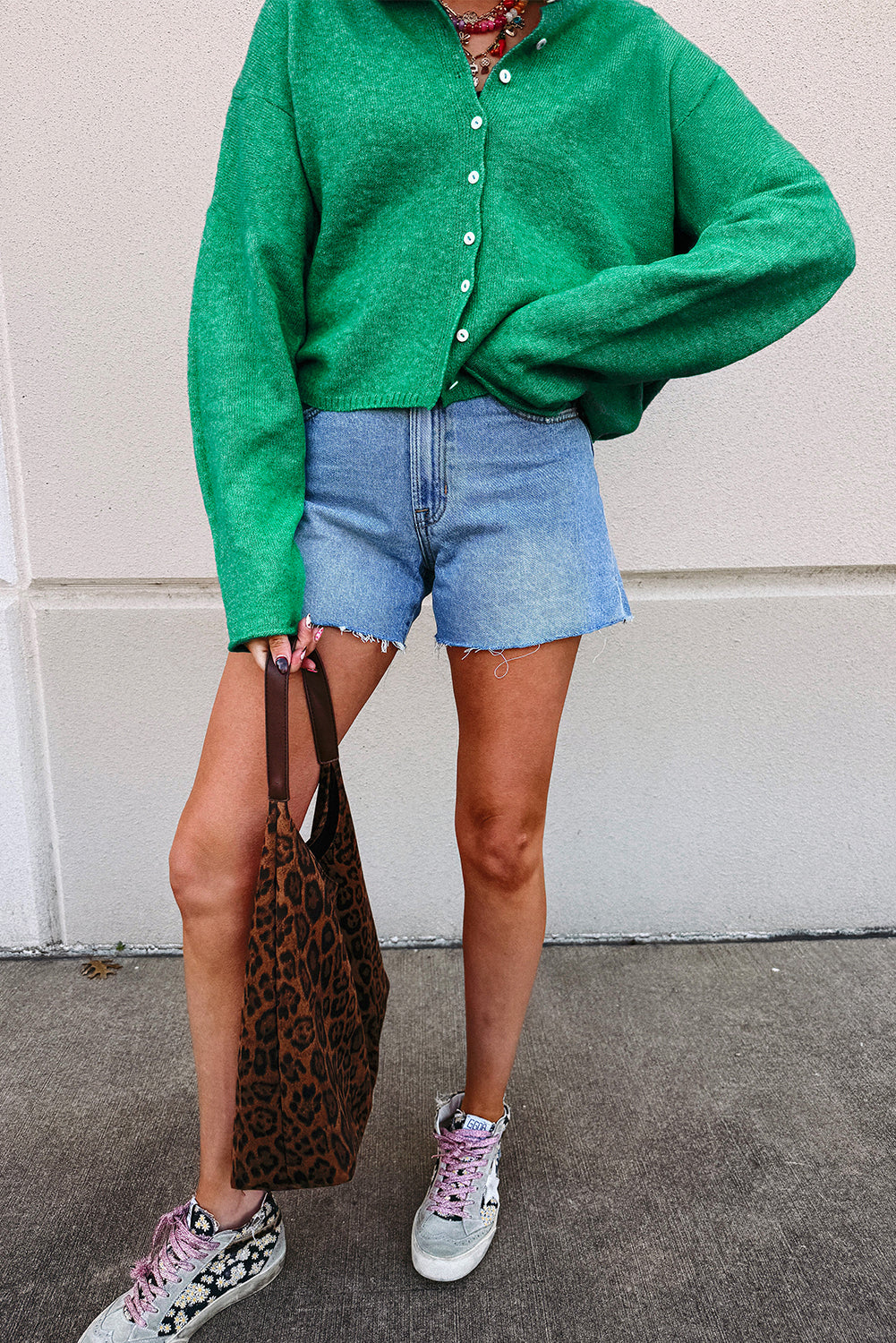 Bright Green Solid Color Knit Button Drop Shoulder Sweater Cardigan