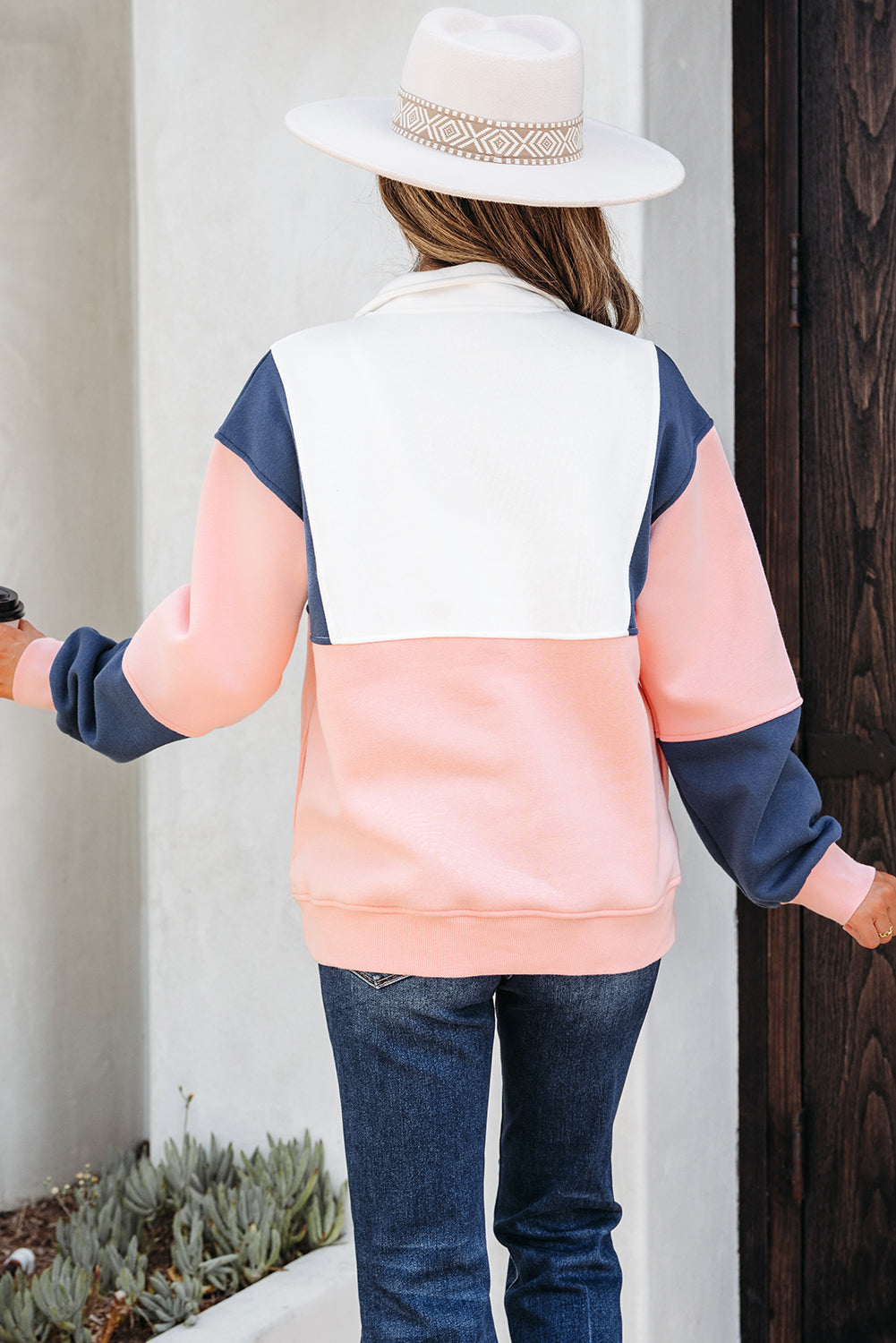 Pink Colorblock Patchwork Half Button Baggy Sweatshirt
