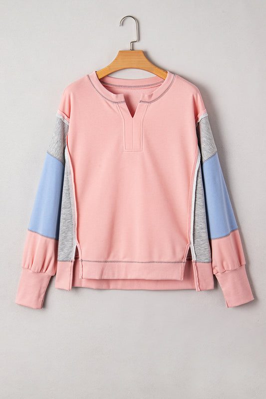 Apricot Pink Exposed Seam Color Block Patchwork Slit Cuffs Oversize Sweatshirt