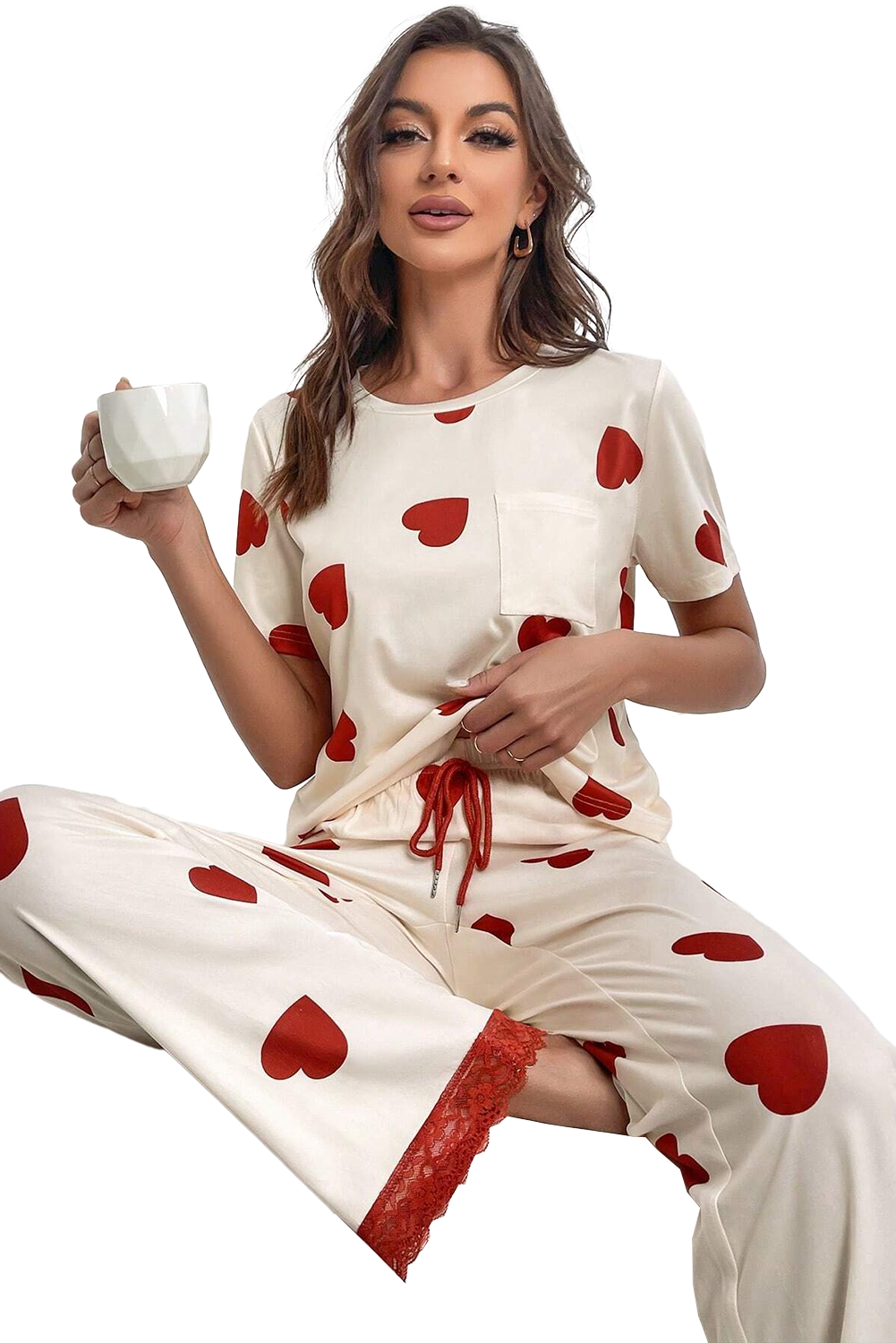 White Valentines Heart Print Lace Hem Tee Pants Pajama Set