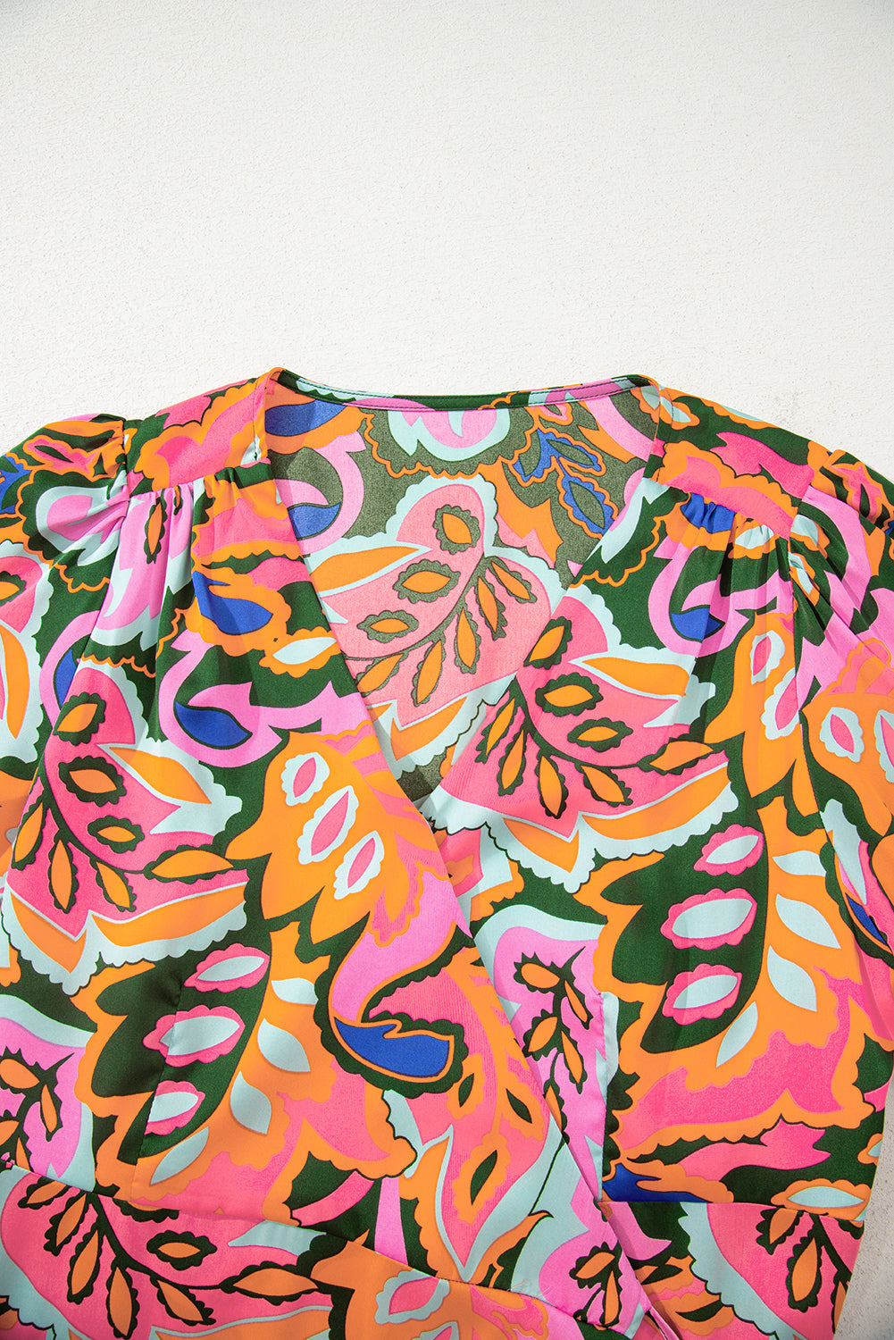 Rose Summer Plant Print Surpliced V Neck Ruffled Asymmetric Slit Wide Short Sleeve Maxi Dress