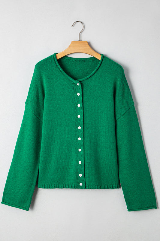 Bright Green Solid Color Knit Button Drop Shoulder Sweater Cardigan