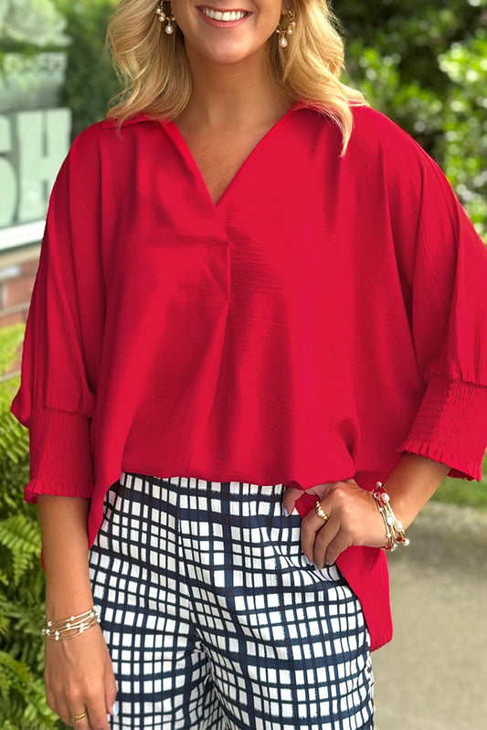 Fiery Red V Neck Collared Shirred 3/4 Sleeve Oversized Tunic Top