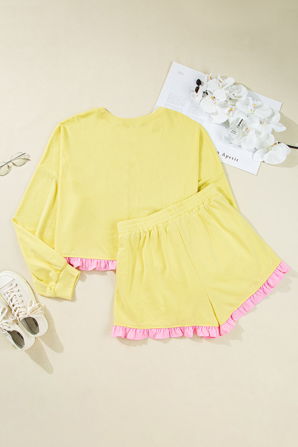 Yellow Contrast Plaid Ruffle Patchwork Pullover Top and Shorts Plus Size Set