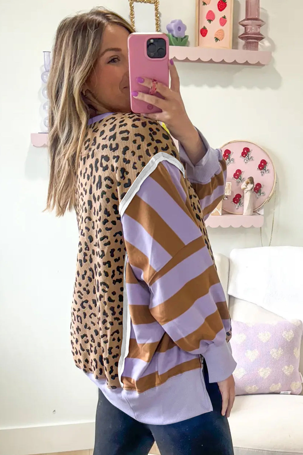 Purple Stripe Color Block Patchwork Leopard Casual Sweatshirt with Slits