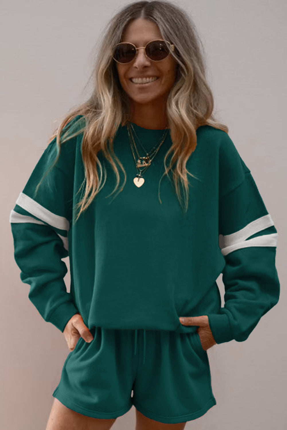 Evergreen Varsity Striped Sleeve Drop Shoulder Sweatshirt and Short Set