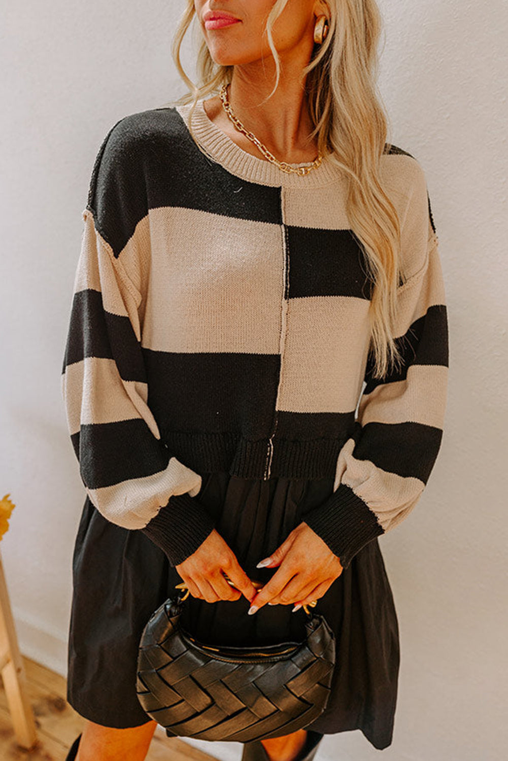 Black Stripe Two in One Knitted Top High Waist Splicing Hem Sweater Dress
