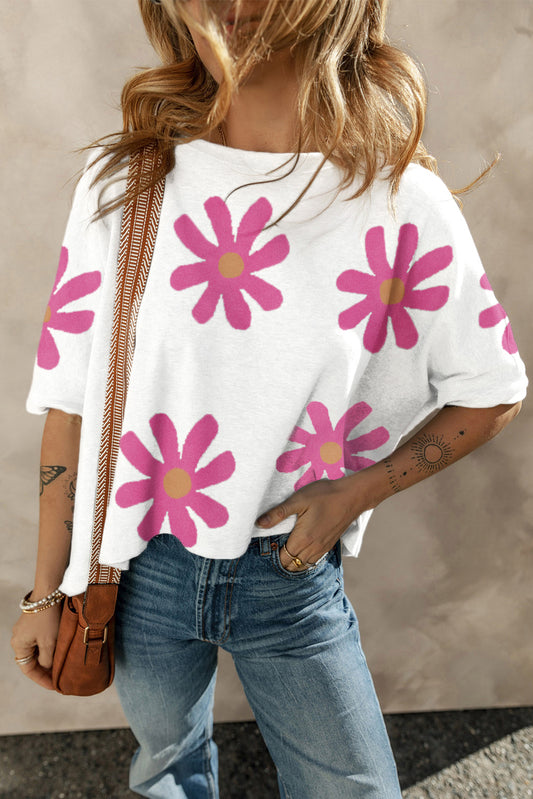 White big flower printed casual t shirt