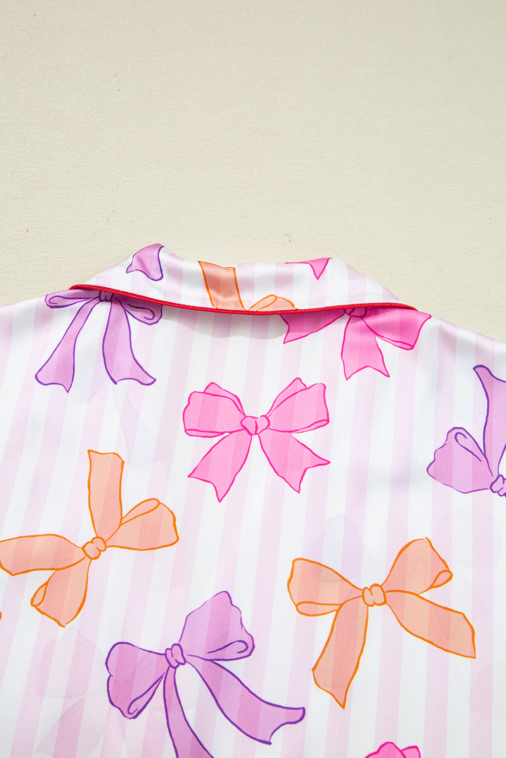 Pink Striped Bow Print Contrast Piping Trim Shirt and Pants 2pcs Pajama Set