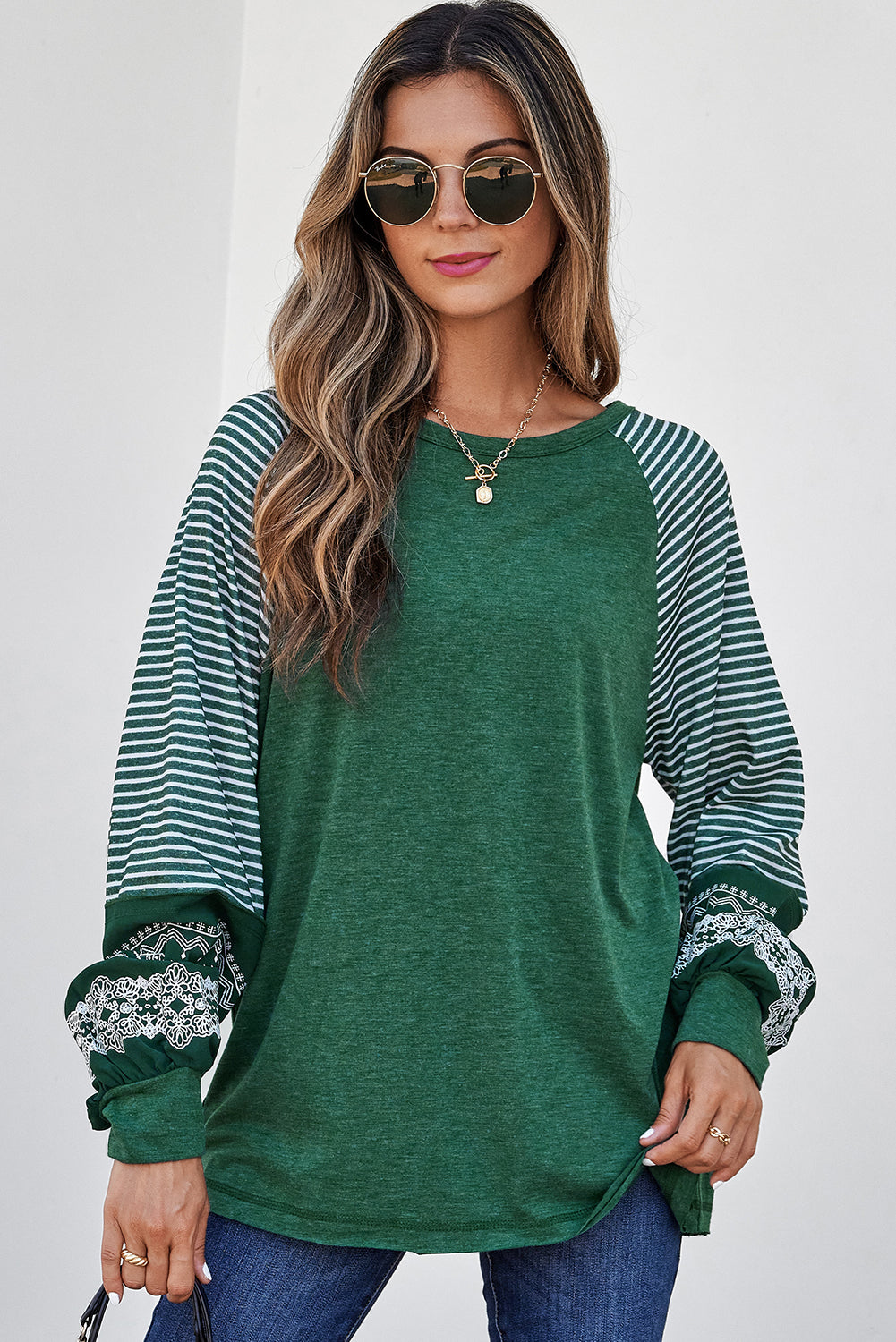 Blackish Green Contrast Print Striped Raglan Long Sleeve Loose Top