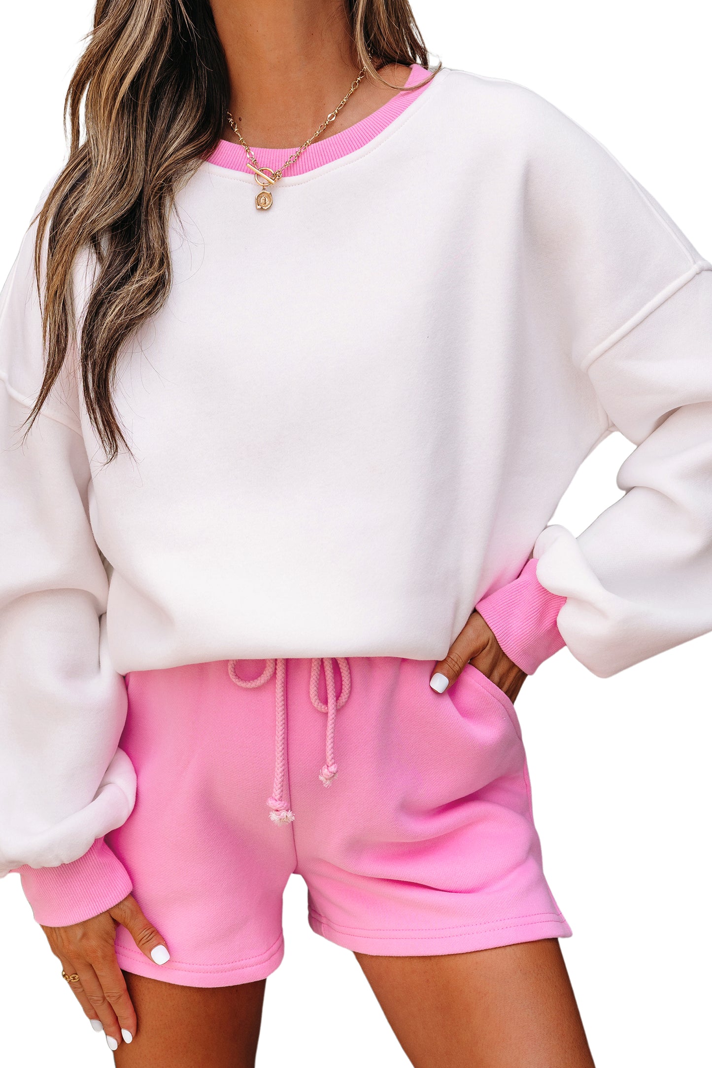 Strawberry Pink Color Block Pullover and Lace-up Elastic Waist Shorts Set