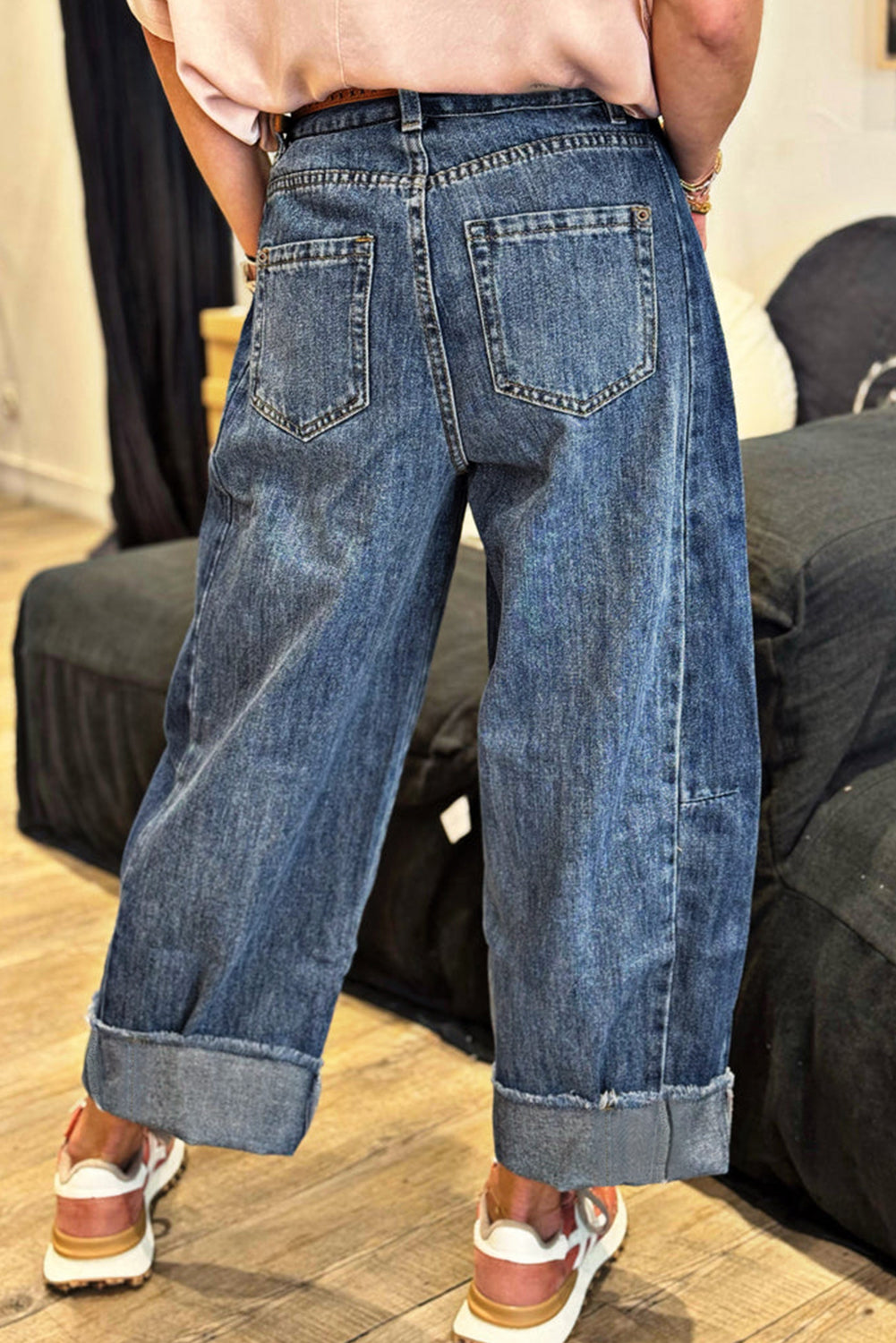Ashleigh Blue Stitched Raw Hem Wide Leg Loose Jeans