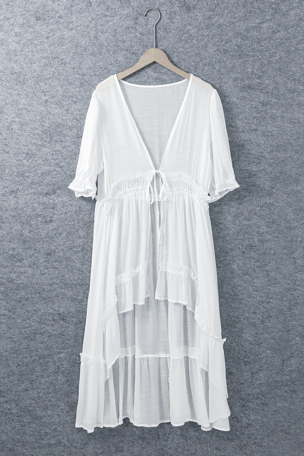 White Half Sleeve Ruffled High Low Kimono