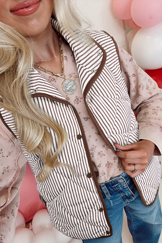 Brown Stripe Contrast Trim Snap Button Collared Winter Vest