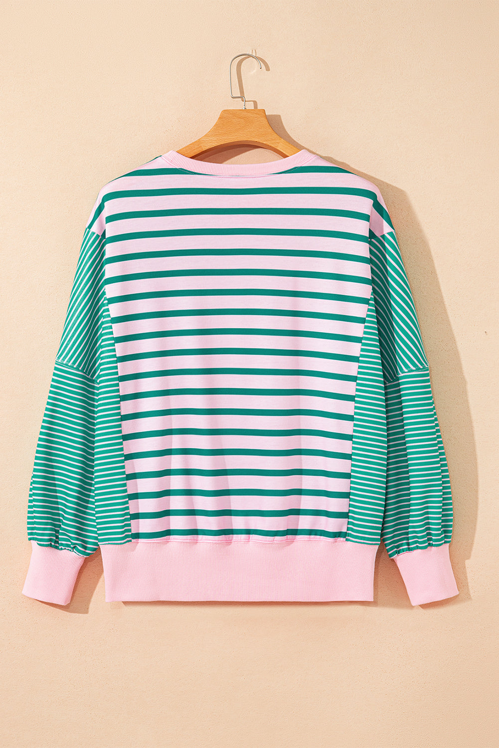 Green Stripe Mix Pattern Color Block Patchwork Side Slit Baggy Sweatshirt