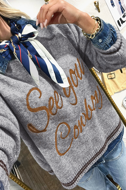 Light Grey See You Cowboy Embroidered Western Graphic Sweater