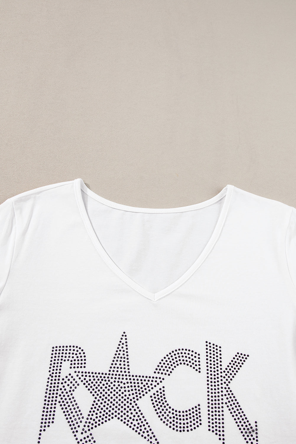 White Rhinestoned ROCK Star Graphic V Neck T Shirt